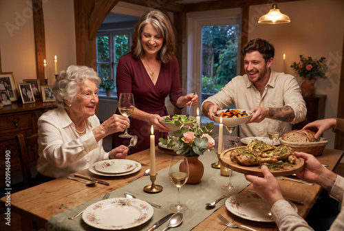 Family gathering at dinner table with food and joyful conversation  