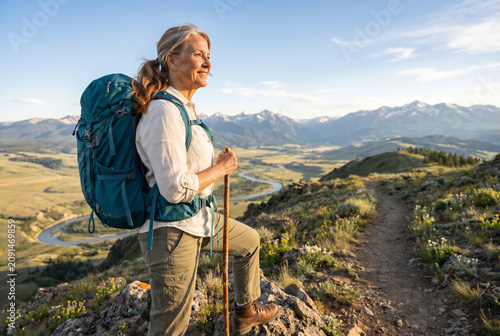 Elderly woman hiking on mountain trail with backpack and walking stick  