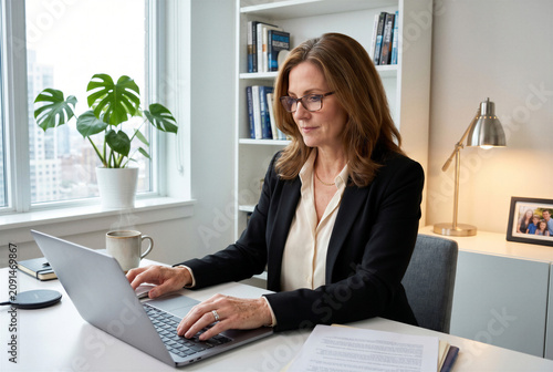 Businesswoman working on laptop in modern office with plants  