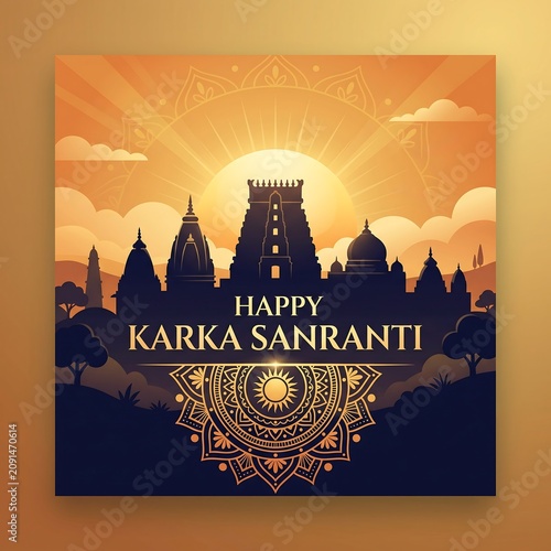 Golden sunset silhouette temple landscape for karka sankranti celebration graphic design background with temple complex