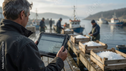 Fisherman managing fishing industry logistics with a tablet at the harbor, ensuring traceability and supply chain efficiency