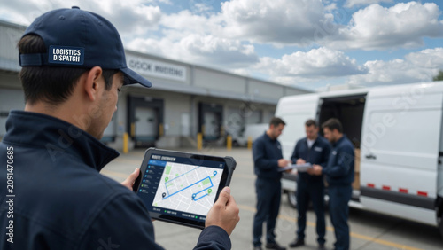 Logistics dispatcher planning delivery route on tablet with delivery workers in background at warehouse dock