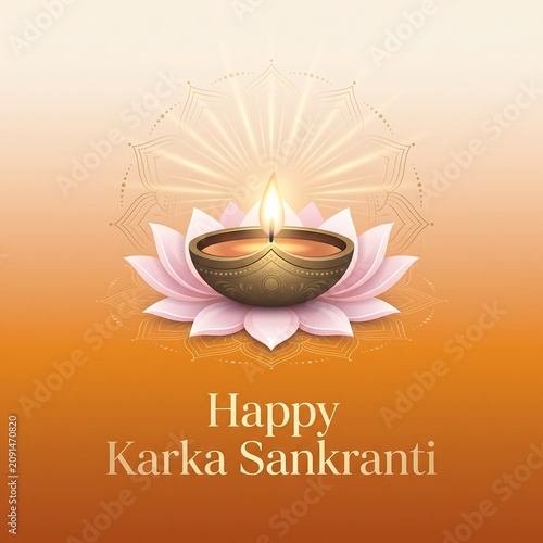 Decorative oil lamp resting on a soft pink lotus flower for karka sankranti celebration graphic design