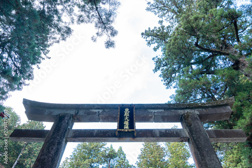 Konstfotografi Low-Angle View of Historic Stone Torii Gate at Nikkō Tōshō-gū Shrine, Tochigi, J