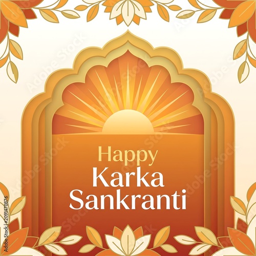 Festive karka sankranti greeting card featuring a golden sunrise within a traditional ornate archway design