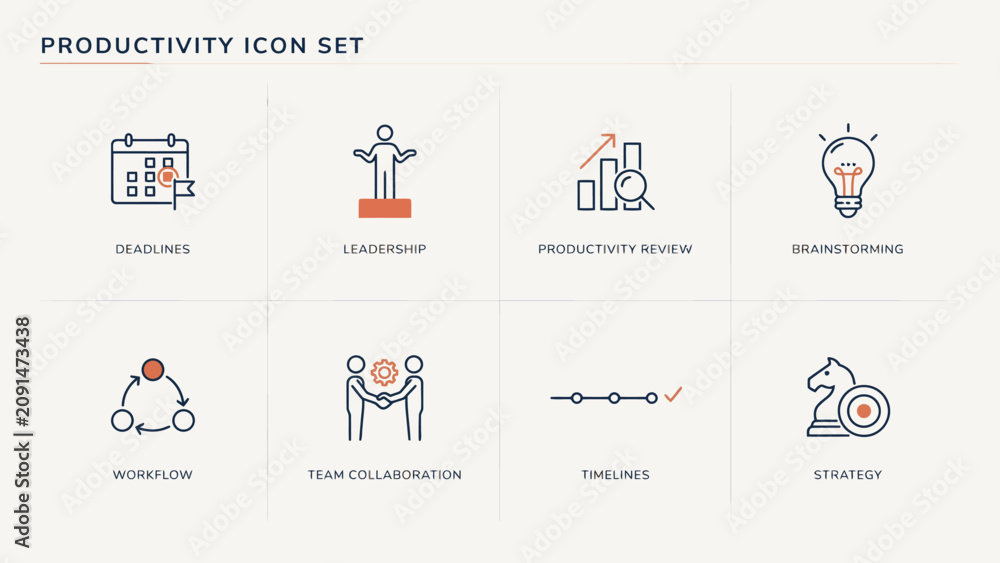 Obraz premium Productivity icons set featuring leadership, brainstorming, workflow, team collaboration, timelines, strategy, deadlines, and productivity review . Vector.Illustration.