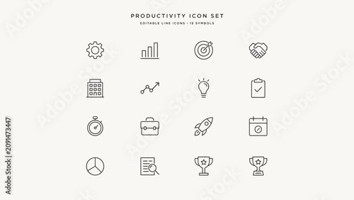 Minimal line icons productivity set of 16 editable symbols for business and office use . Vector.Illustration.