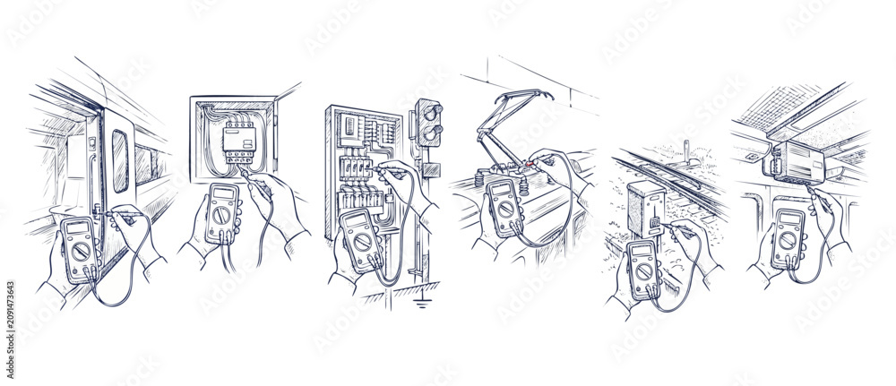 Obraz premium Railway electrician multimeter testing repair hands sketch measuring electrical systems in train maintenance. Line art illustration of voltage inspection, diagnostics, and rail infrastructure services