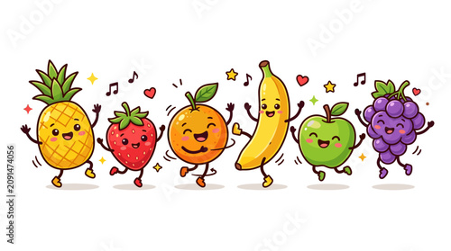 Tableau sur toile Dancing Fruit Fiesta: A cheerful cast of anthropomorphic fruits, including a pineapple, strawberry, orange, banana, apple, and grape, joyfully dance together, radiating happiness and vibrant energy