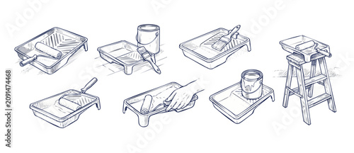 Paint roller tray brush set of line art illustrations for home renovation and DIY renovation concepts. Hand drawn sketch stickers collection including paint cans, ladder, and tools on white background