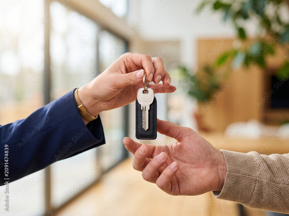 Fototapeta premium Real Estate Agent Handing Over House Key to New Homeowner for Property Investment Mortgage Deal or Apartment Rental Concept Web Banner Graphic Advertisement Design Background