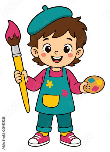 Happy child holding a paintbrush and palette, ready to paint  