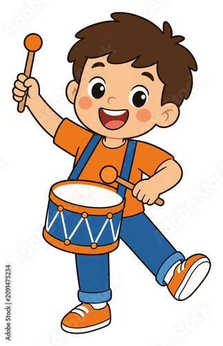 Happy boy playing drum and smiling in casual clothing  