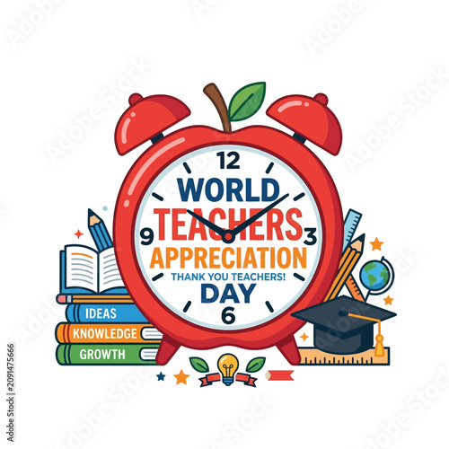 World teachers appreciation day clock with school items and thank you message