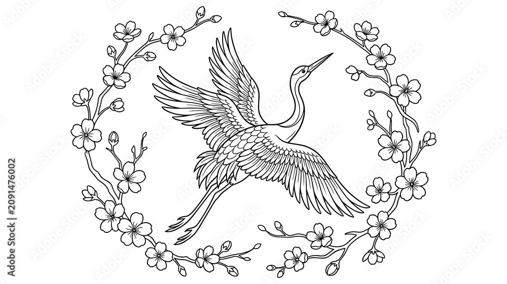 Fototapeta premium Japanese crane bird flying among cherry blossom flowers.