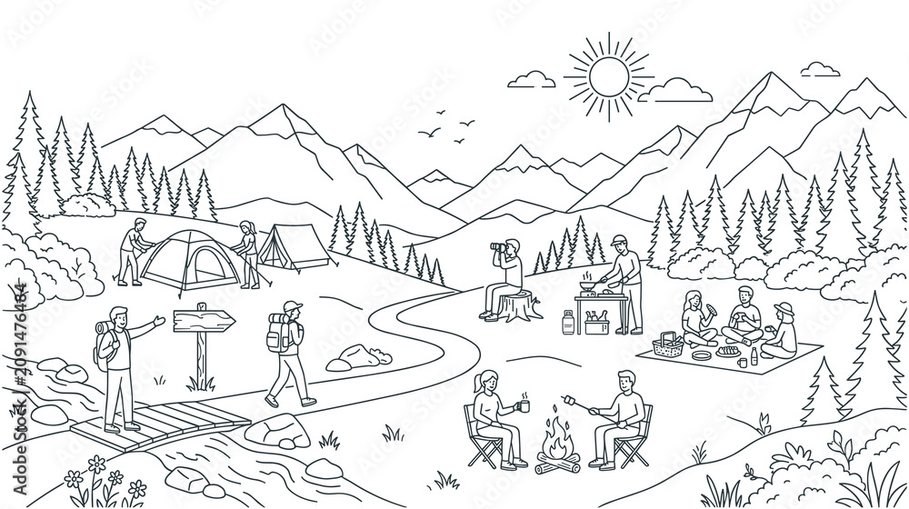 Fototapeta premium Mountain camping landscape with people enjoying outdoors.