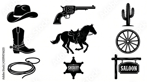 Wild West Collection Cowboy Hat Boot Revolver Horse Cactus Sheriff Badge Wagon Wheel Saloon Sign PNG Isolated on transparent background