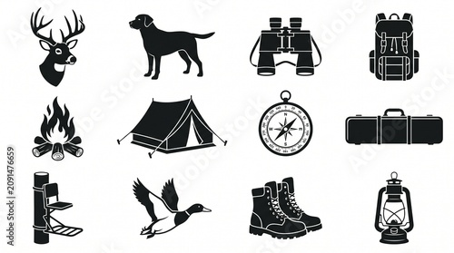 Collection of hunting and camping icons including deer, dog, binoculars, backpack, campfire, tent, compass, gun case, tree stand, duck, boots, and lantern PNG Isolated on transparent background