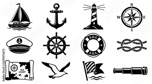 Nautical Icons Collection Featuring Sailboat Anchor Lighthouse Compass Captain Hat Ship Wheel Lifebuoy Rope Knot Sea Chart Seagull Flag and Telescope PNG Isolated on transparent background