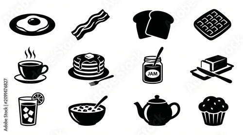 Collection of Black and White Icons Representing Breakfast Foods and Drinks PNG Isolated on transparent background