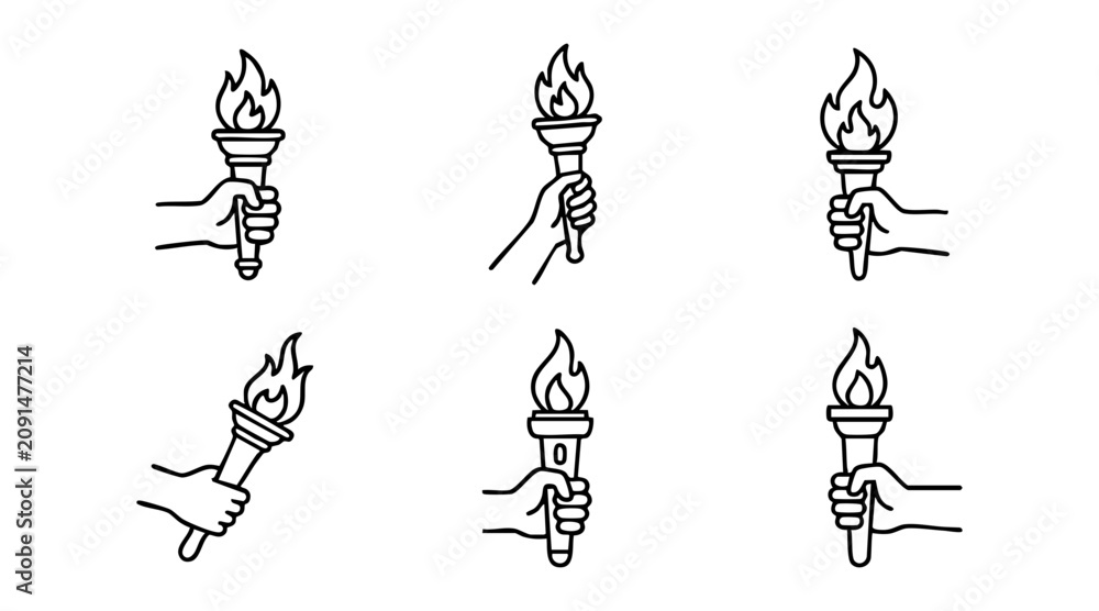 Fototapeta premium Minimalist vector graphic illustration featuring six human hands holding flaming torches in simple black outlines