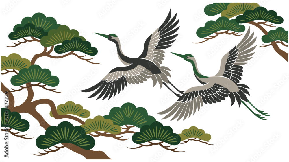 Fototapeta premium Two cranes flying among pine trees in traditional Japanese style.