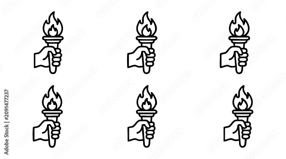 Fototapeta premium Simple vector illustration showing multiple hands holding flaming torches arranged in a clean grid pattern layout