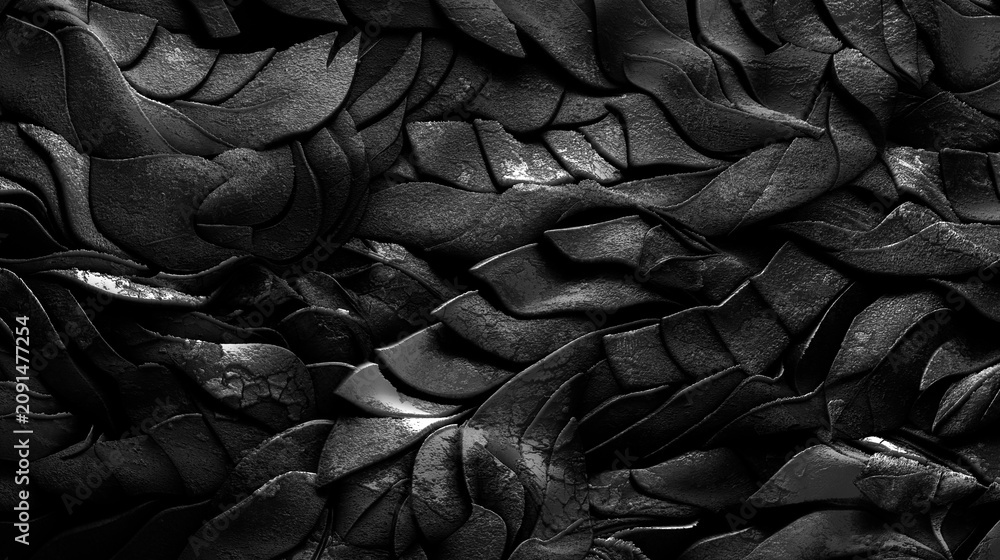 Fototapeta premium Fondo abstracto de textura de roca con patrón de hojas en blanco y negro. Textura de hoja en capas monocromáticas que se asemeja a la formación rocosa. Sugiere elegancia, misterio y complejidad.