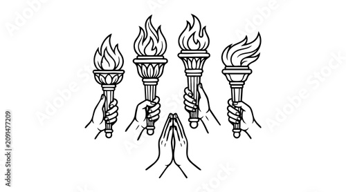 Obraz na plátně Detailed black and white vector illustration showing multiple hands holding flam