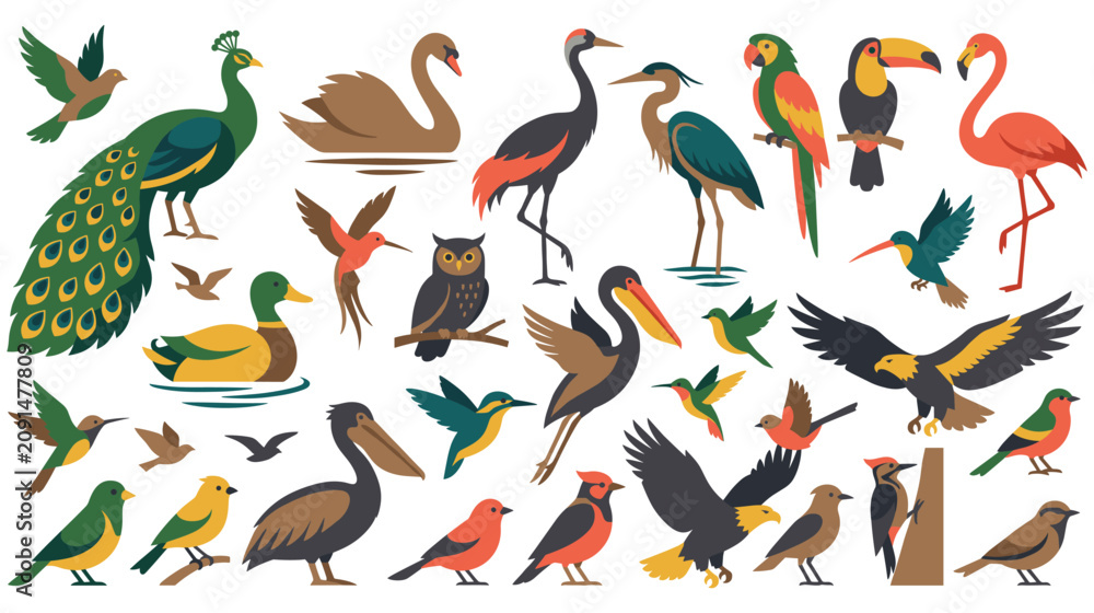 Fototapeta premium Collection of diverse bird species in various poses.