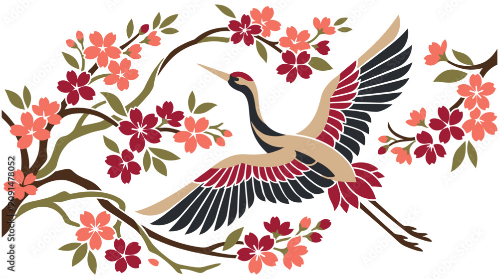 Fototapeta premium Flying crane bird among cherry blossom branches and flowers.