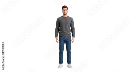 Young Man Standing Confidently Wearing a Dark Gray Sweater and Blue Trousers with White Sneakers PNG Isolated on transparent background
