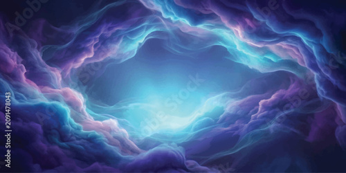 Fotografie Nebula Dreamscape: A mesmerizing cosmic cloud formation in shades of deep purple and glowing turquoise, creating an ethereal and otherworldly tunnel of light