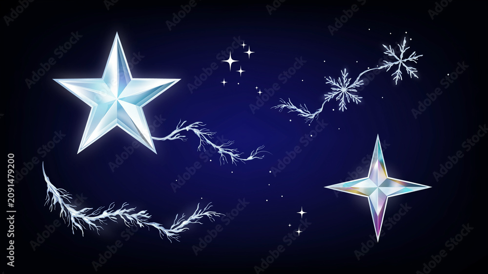 Obraz premium Crystalline winter stars and snowflakes set, holographic ice crystals on dark blue background, elegant frozen celestial elements for holiday design