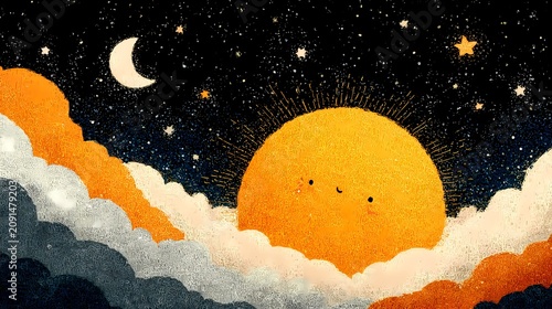 Sun character smiles in the night sky.