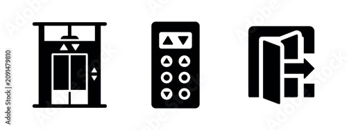 Elevator and lift icons set. Building access and exit symbols, including control panels for vertical transportation.