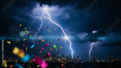Dramatic Lightning Strike Over Cityscape at Night with Stormy Sky and Rain