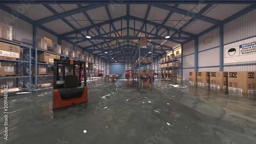 浸水した倉庫　3DCGレンダリング
