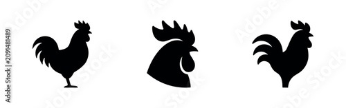 Cuadro en lienzo Rooster and Chicken Silhouettes Icons Set