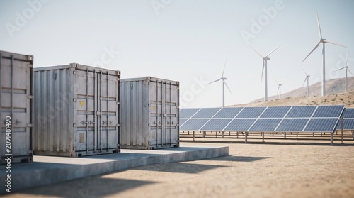 Quadro su tela Battery energy storage container units beside solar panels and wind turbines at