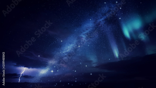 Dramatic Night Sky with Aurora Borealis and Silhouetted Mountain Landscape