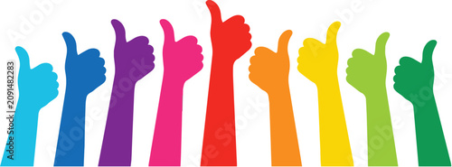 Colorful hands raised together showing thumbs up gesture for success and teamwork isolated on a white background banner