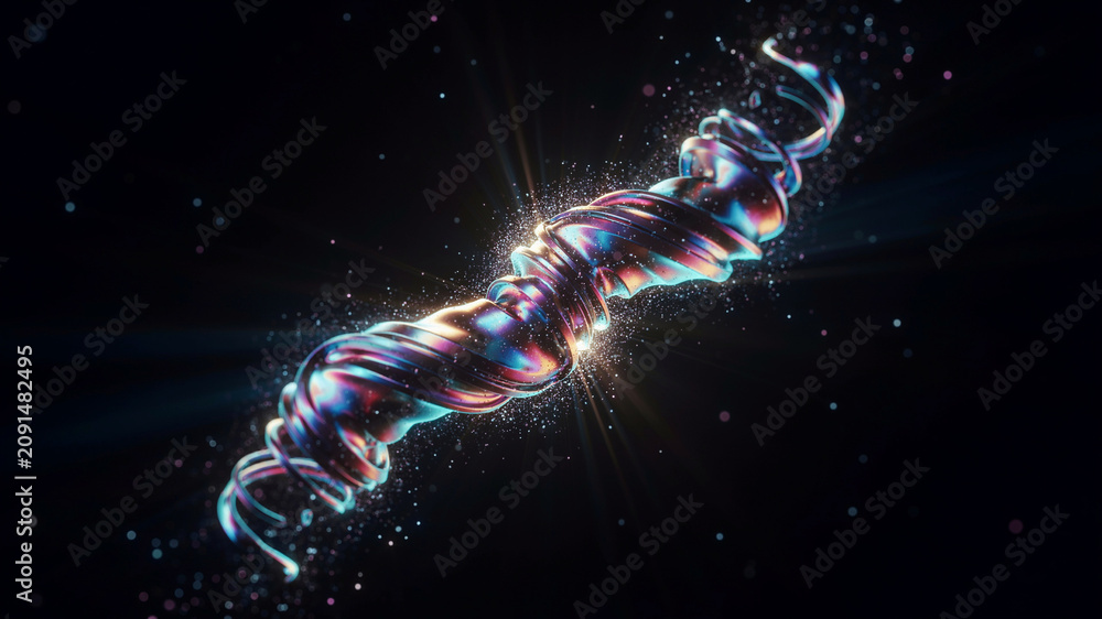 Obraz premium Abstract DNA double helix with iridescent metallic texture, glowing genetic spiral in dark space, futuristic biotechnology and science concept