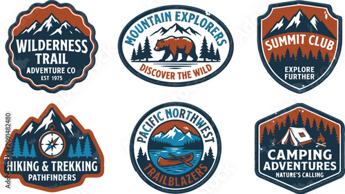 Collection of vintage outdoor adventure badges with mountain, forest, bear, and camping motifs for hiking and exploration