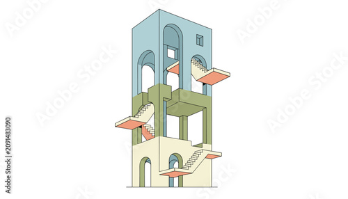 Tall impossible tower design with interconnected arches and floating stairways in a minimalist flat vector illustration style.