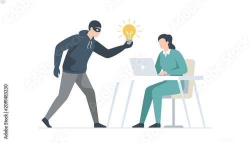 Thief in a dark hoodie stealing a glowing idea lightbulb from a professional woman working on a laptop at a desk in an office.