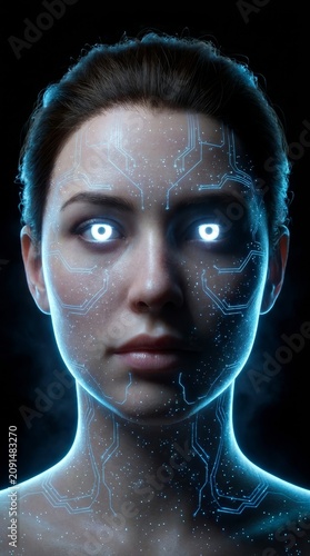 Close-up of a human face with digital circuit patterns and glowing eyes in a dark setting.
