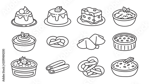 Fotografia Assorted desserts and bakery treats outline icons set for cafes and pastry