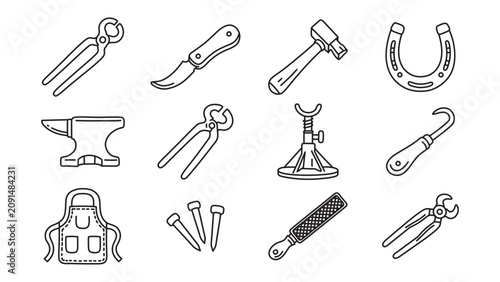 Foto Blacksmith and farrier hand tools outline icons set for forging and metalworking