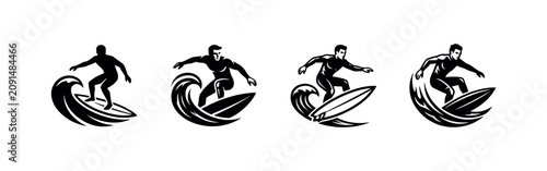Foto Surfer riding a wave icon set
